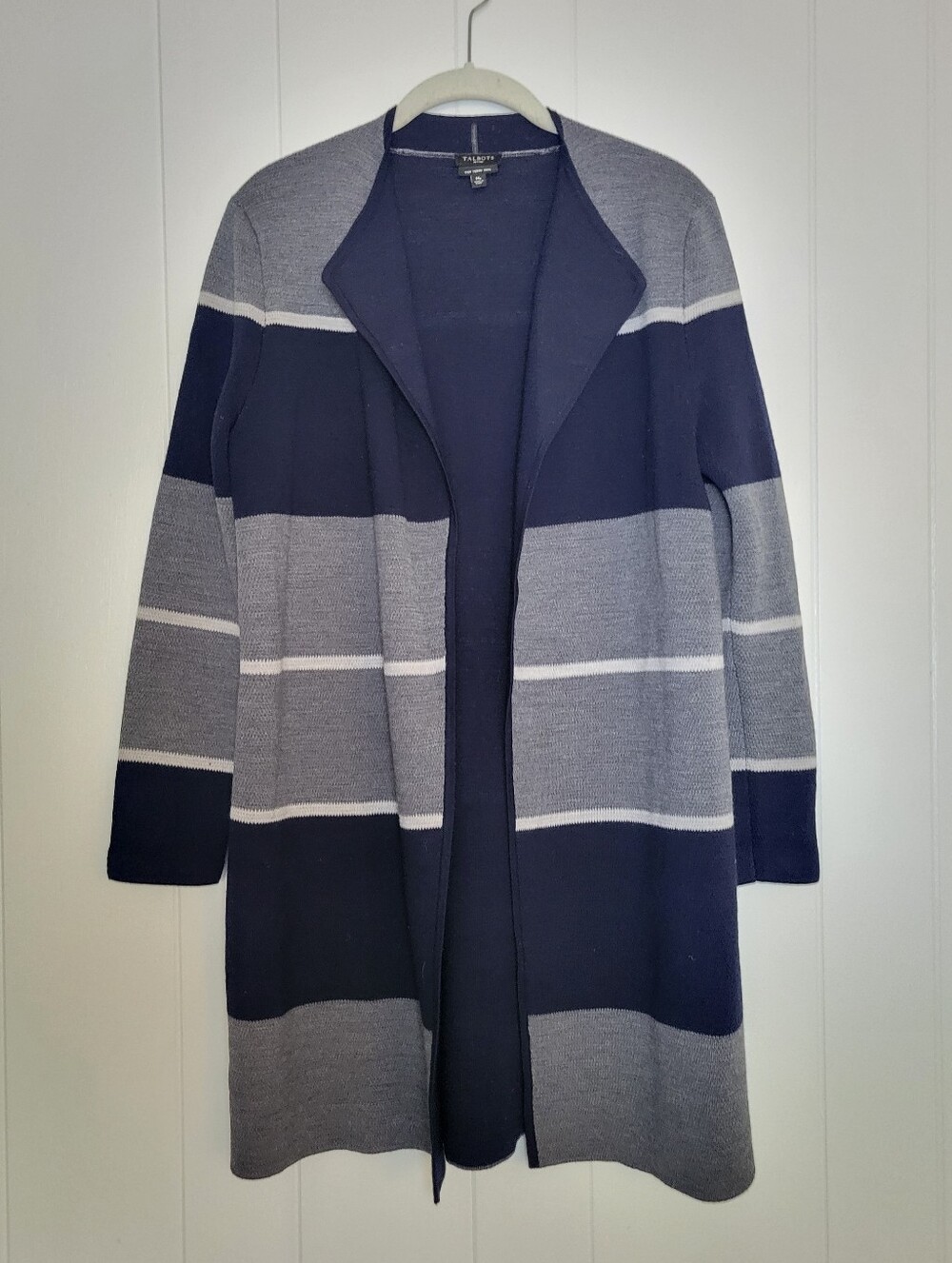 Talbots Striped Merino Wool Double Face Duster Cardigan Sweater Blue Gray MP - Picture 2 of 10